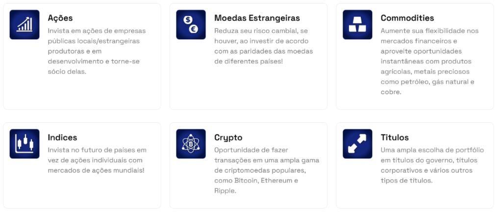 Captura de tela dos instrumentos de negociação disponíveis na Vexith Capital – ações, moedas estrangeiras, commodities, índices, crypto e títulos.